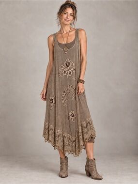 Homefrocks Silk Midi Dress Women’s Medium Lagenlook Embroidered Boho B2